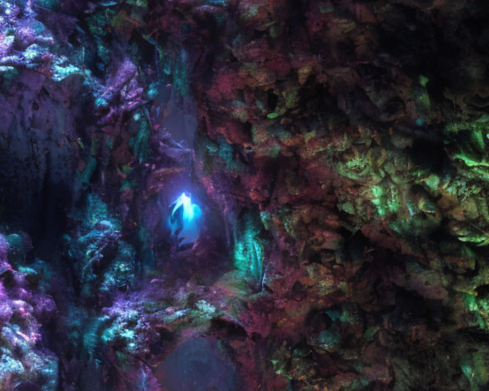 Subterranean cavern with armored figures exploring moss-covered terrain
