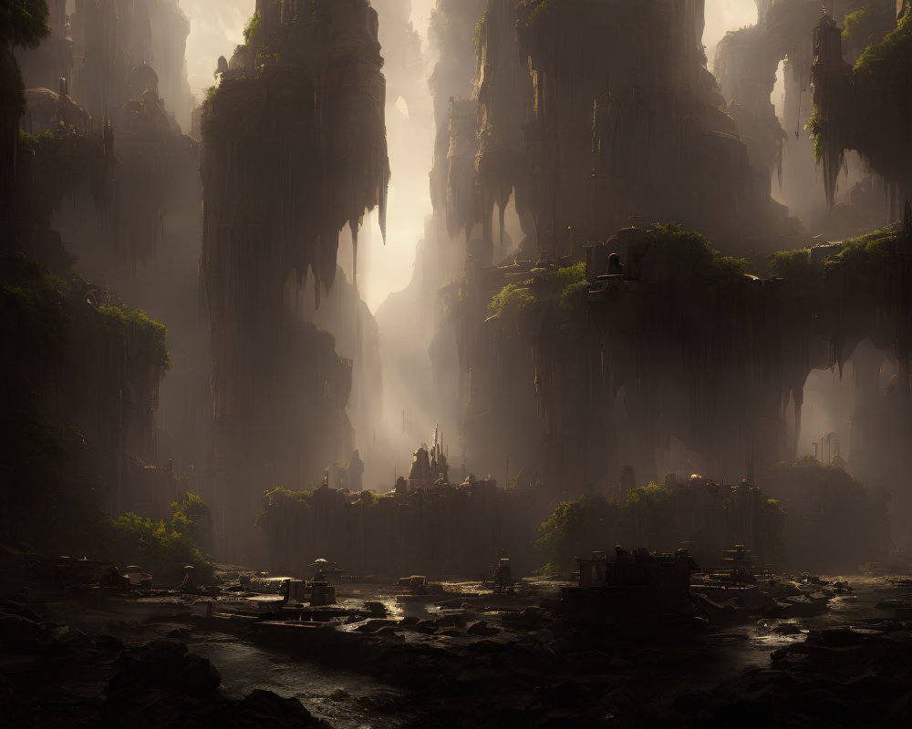 Misty cliffs and river in ethereal landscape with ancient settlement