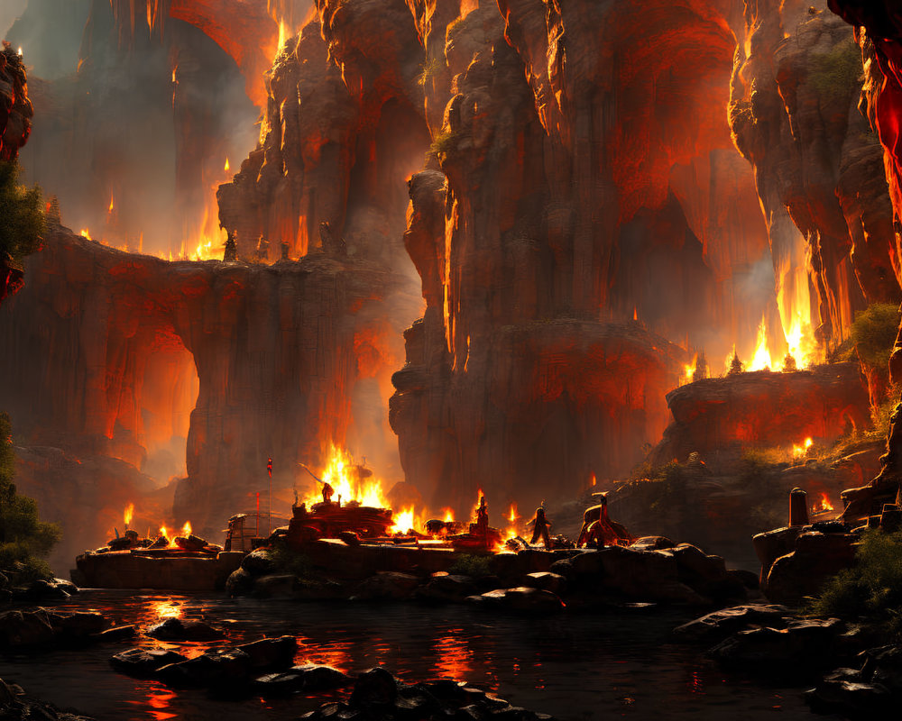 Apocalyptic landscape with molten lava falls and burning structures
