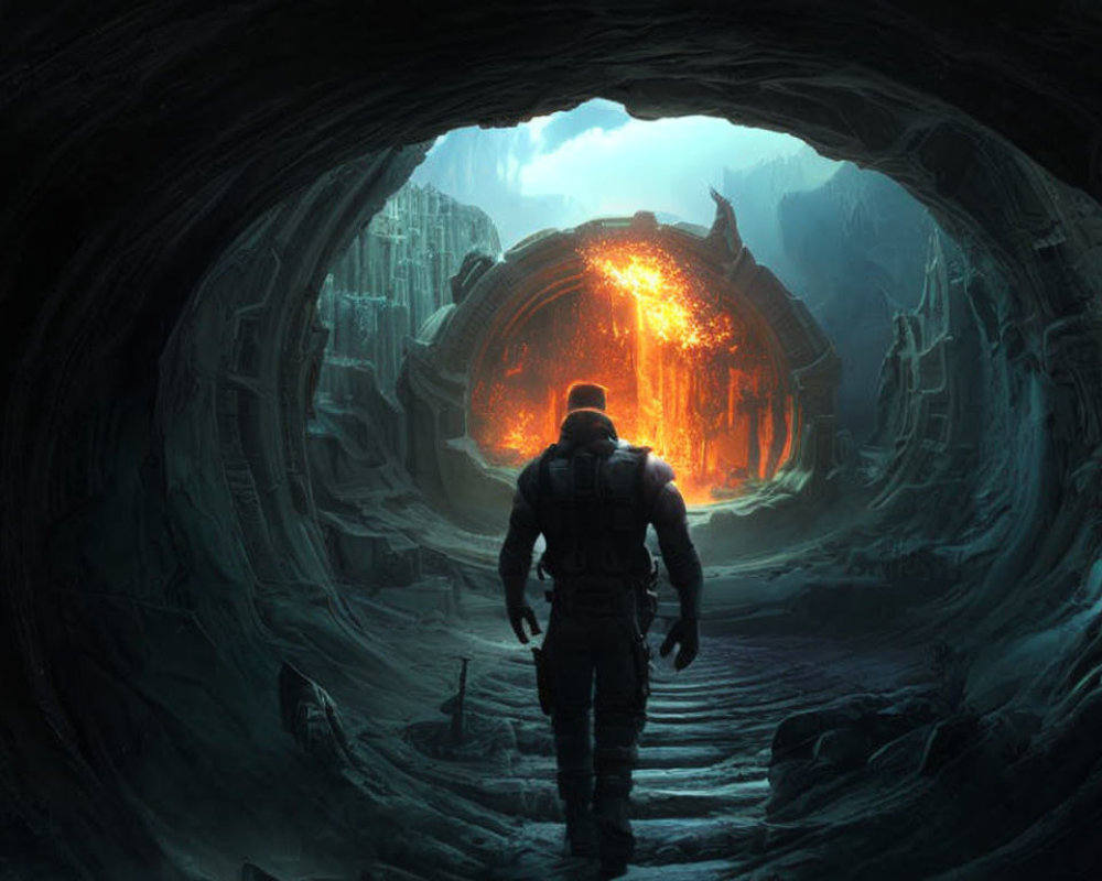 Person standing at cave entrance facing glowing fiery portal in dark setting