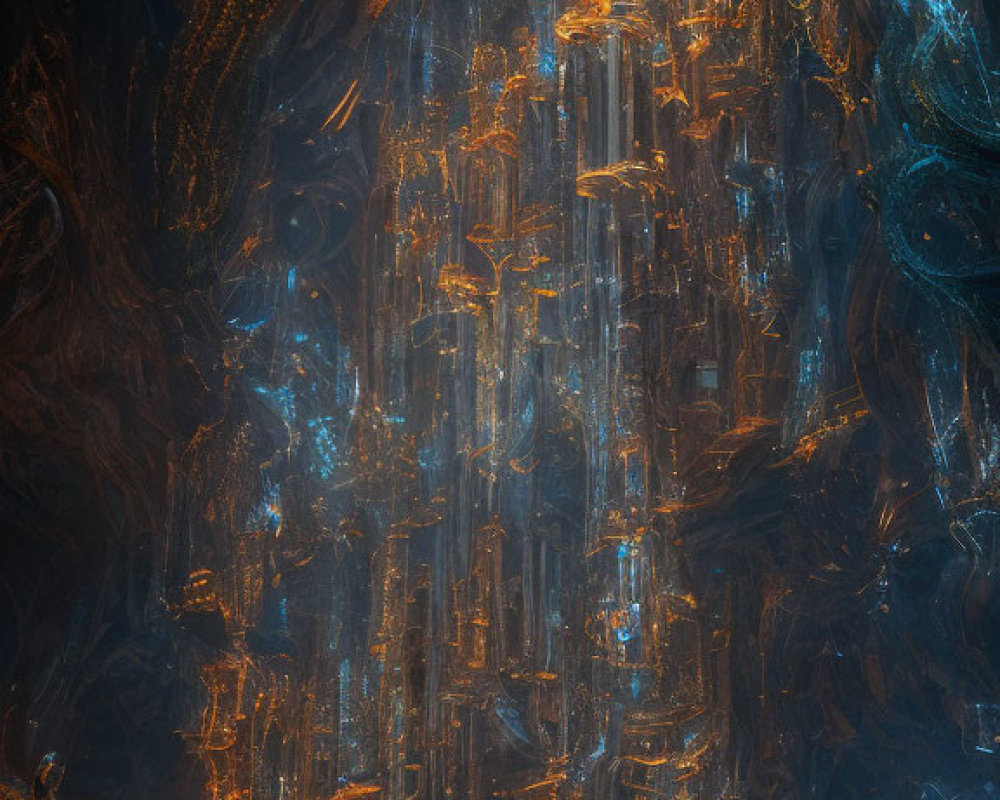 Ethereal glowing blue structures in dark cavernous landscape