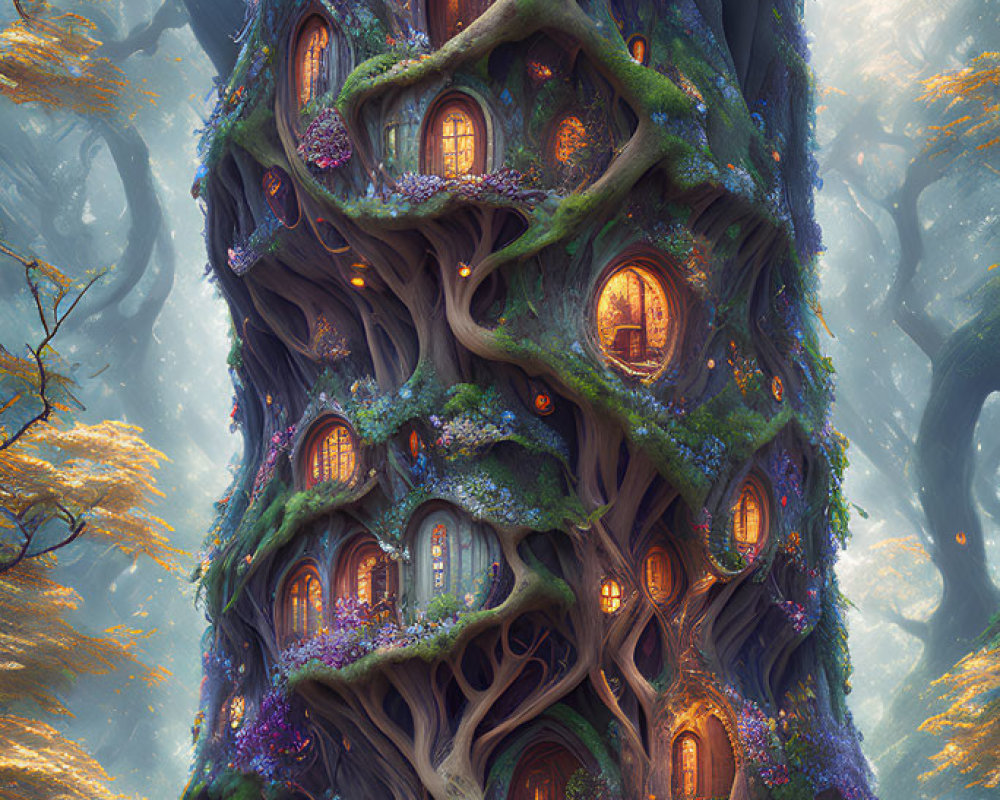 Fantasy illustration of towering tree with carved houses in mystical forest