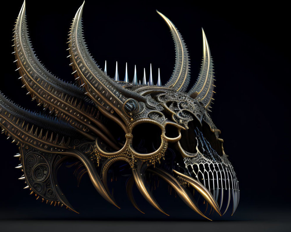 Detailed Dark Metallic Dragon Skull with Spikes and Gear-like Textures