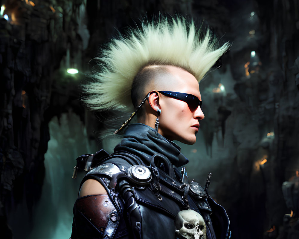 Punk Mohawk Hairstyle with Futuristic Cyberpunk Attire and Sunglasses