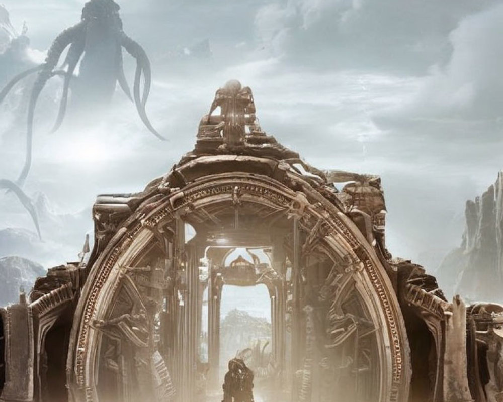 Futuristic desolate landscape with archway, figures in armor, alien tentacles, and scattered