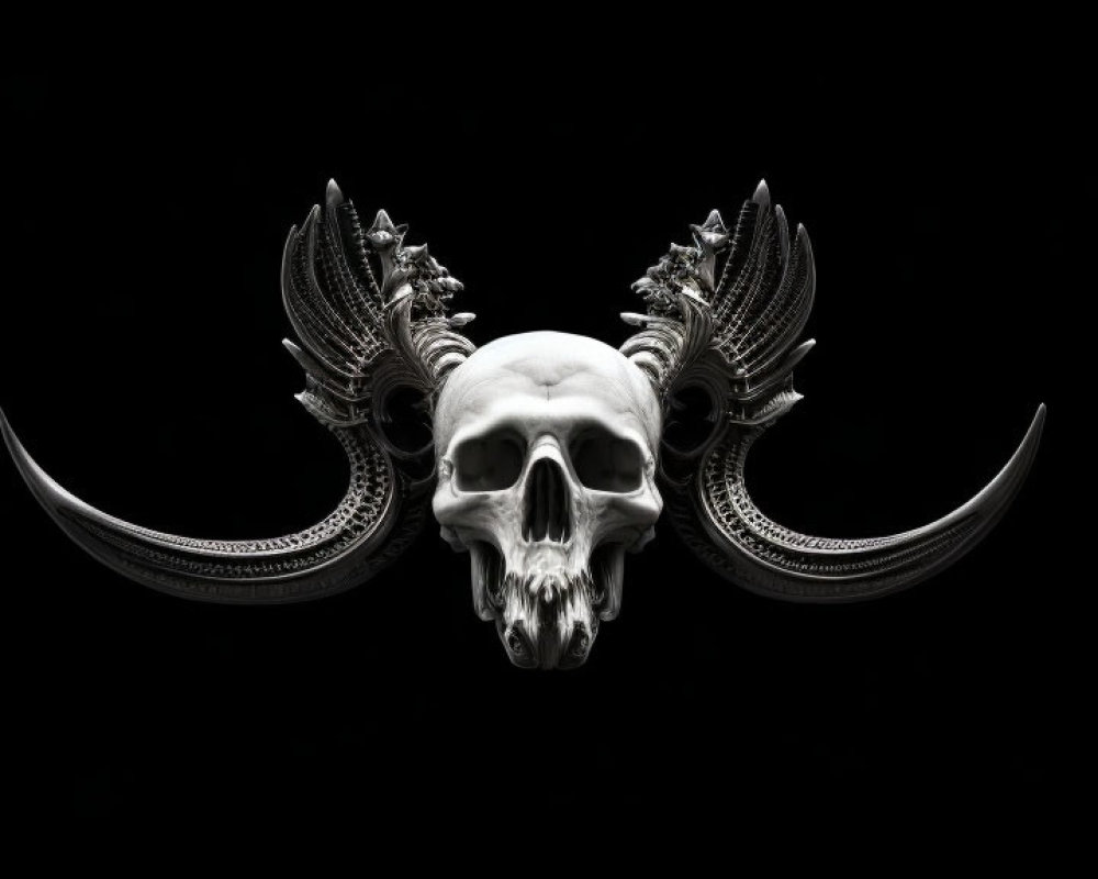 Symmetrical human skull with tusks and wings on black background