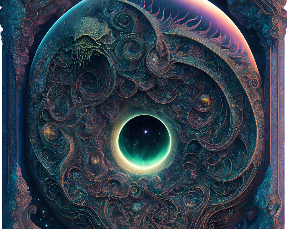 Colorful cosmic artwork with yin-yang symbol and celestial bodies in ornate pattern