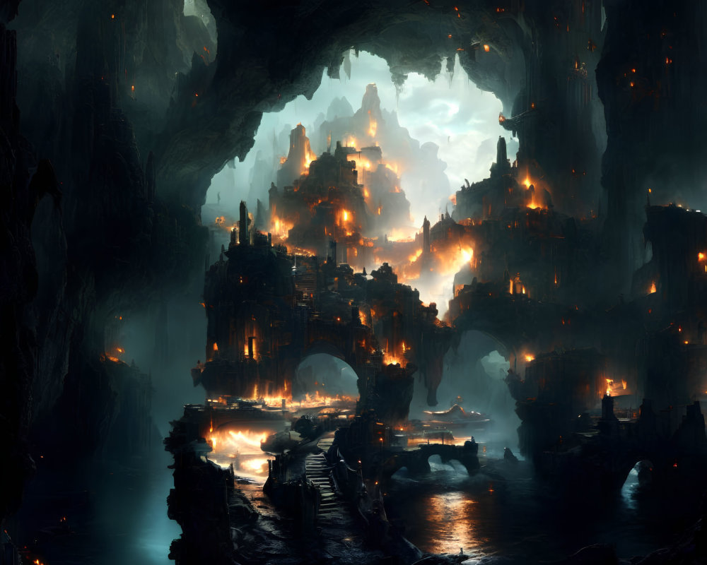 Intricate subterranean fantasy cityscape with glowing lights