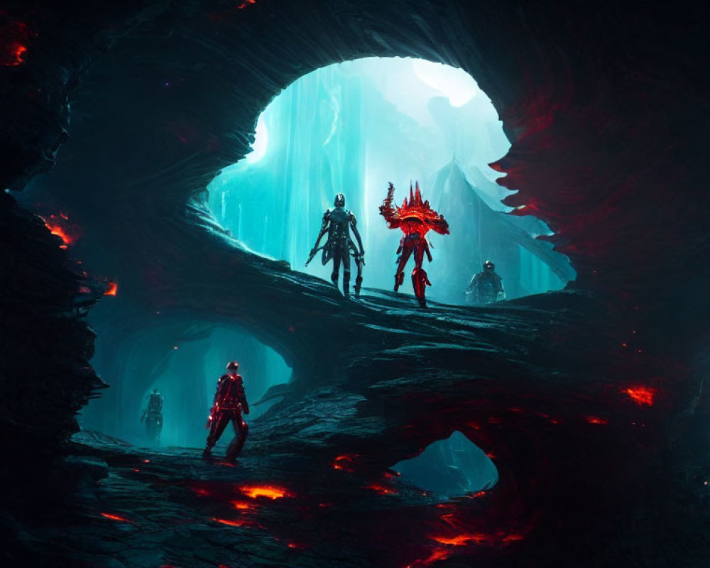 Armored figures in blue-lit cavernous landscape with red accents
