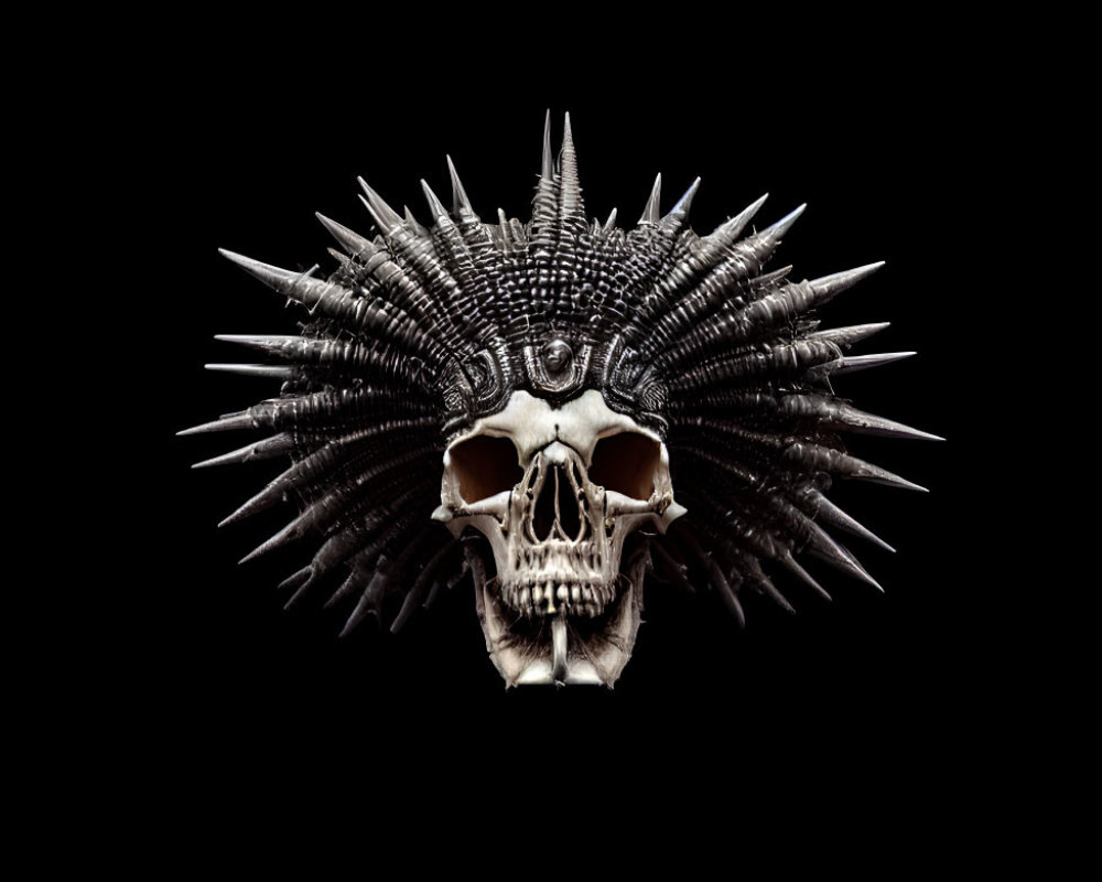 Elaborate spiked headdress on skull against black background