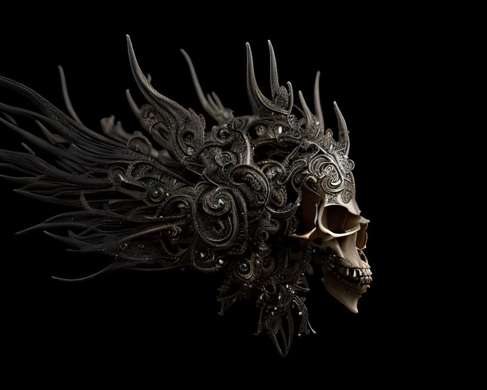 Intricate metallic skull with regal headdress on black background