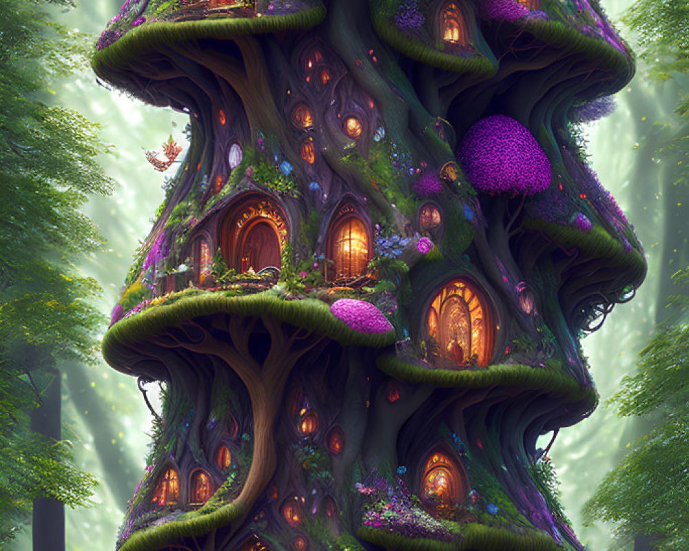 Enchanting multi-level treehouse in mystical forest