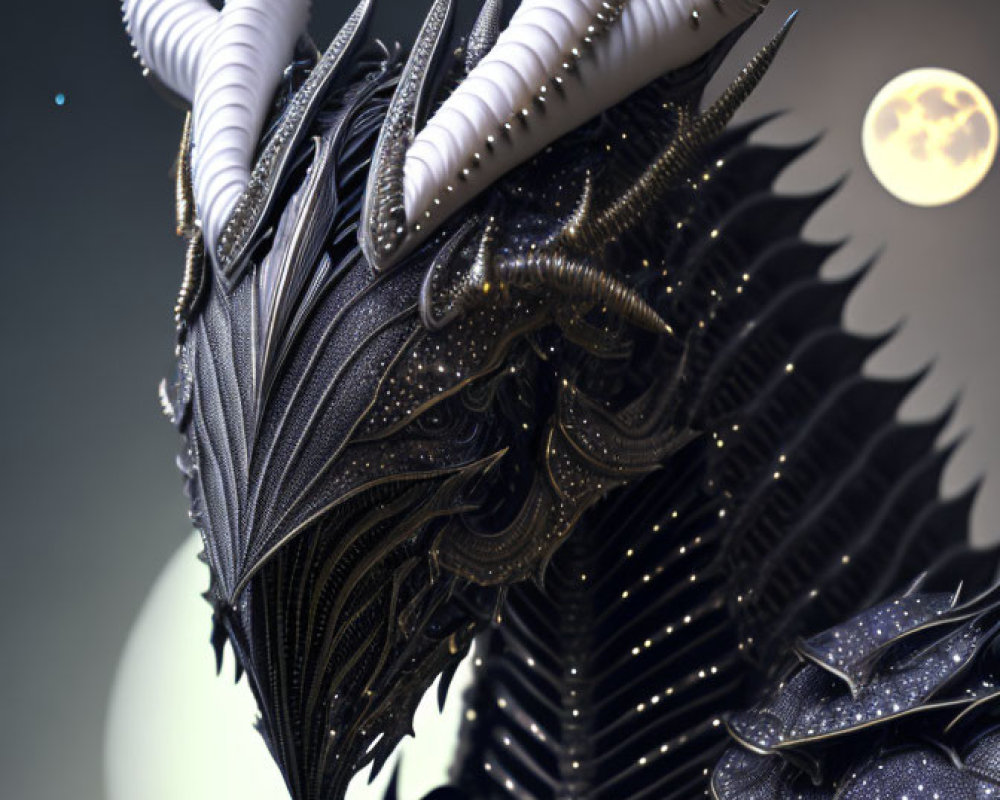 Detailed Dragon Head Artwork with Intricate Scales and Curved Horns under Night Sky