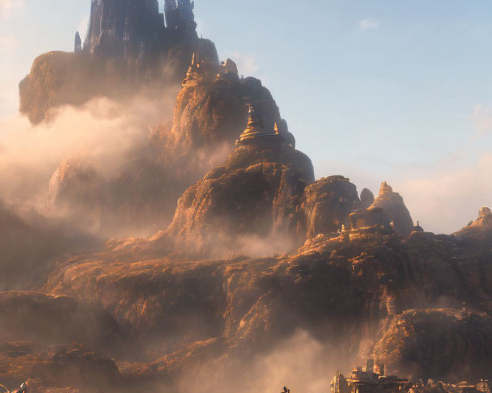 Fantasy sunrise landscape with spires, armored characters, and mystical city.