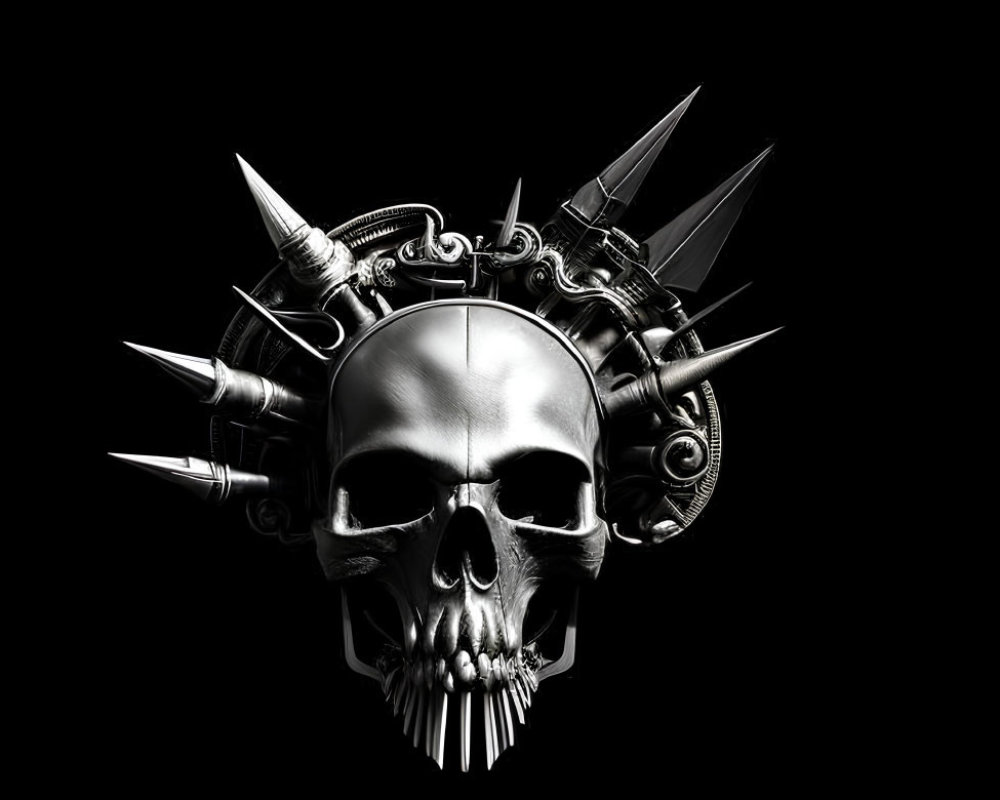 Metallic skull with spikes and cybernetic enhancements on black background