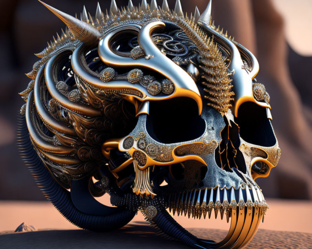Detailed Ornate Metallic Dragon Skull with Horns and Gear-like Structures on Rocky Background