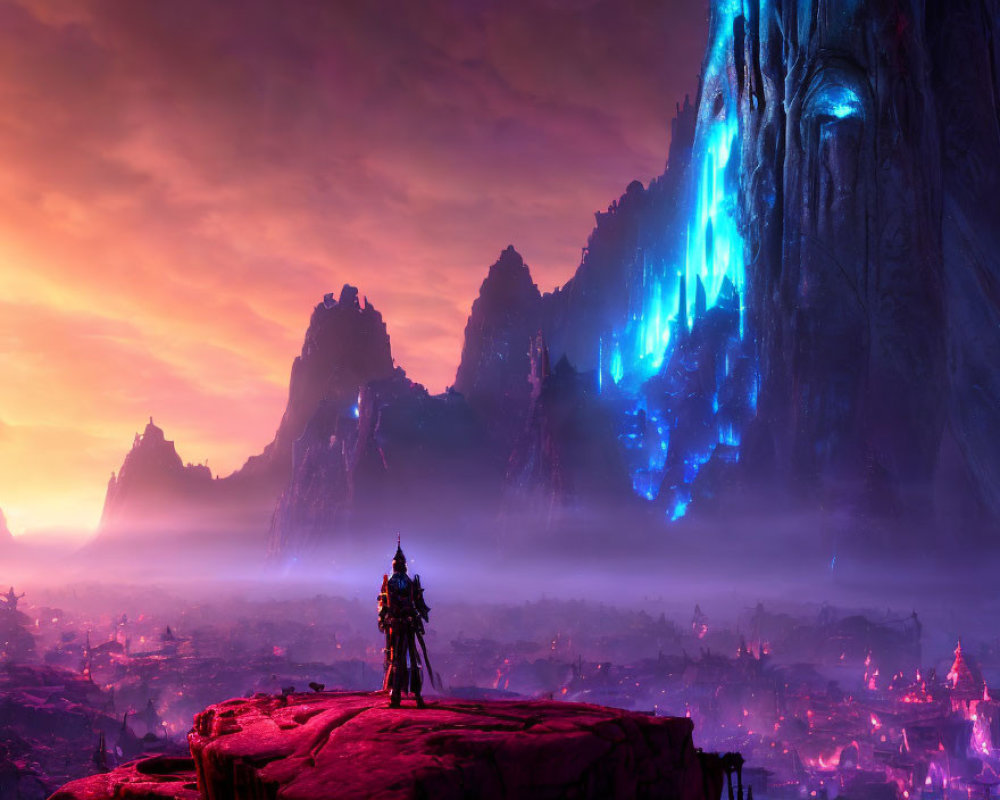 Figure on rocky outcrop gazes at mystical landscape with glowing blue crystals and pink sky