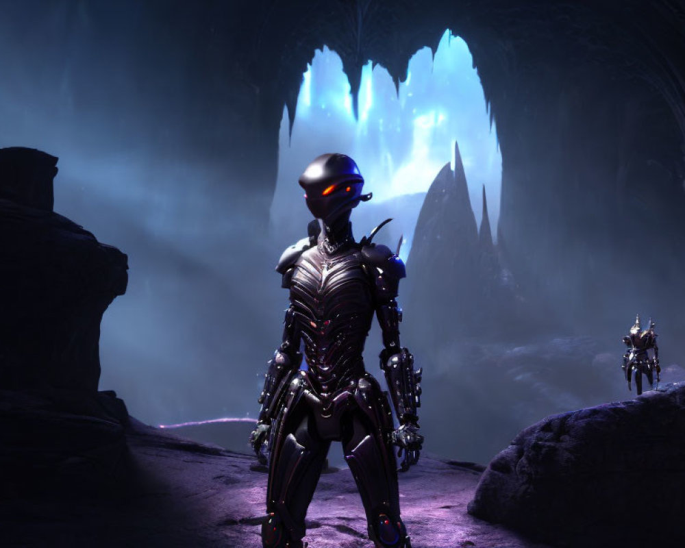 Silhouetted futuristic armor figure in dark cave with glowing blue crystals