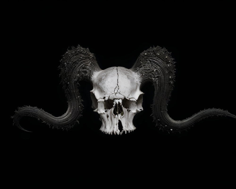 Symmetrical white animal skull with spiraling horns on black background