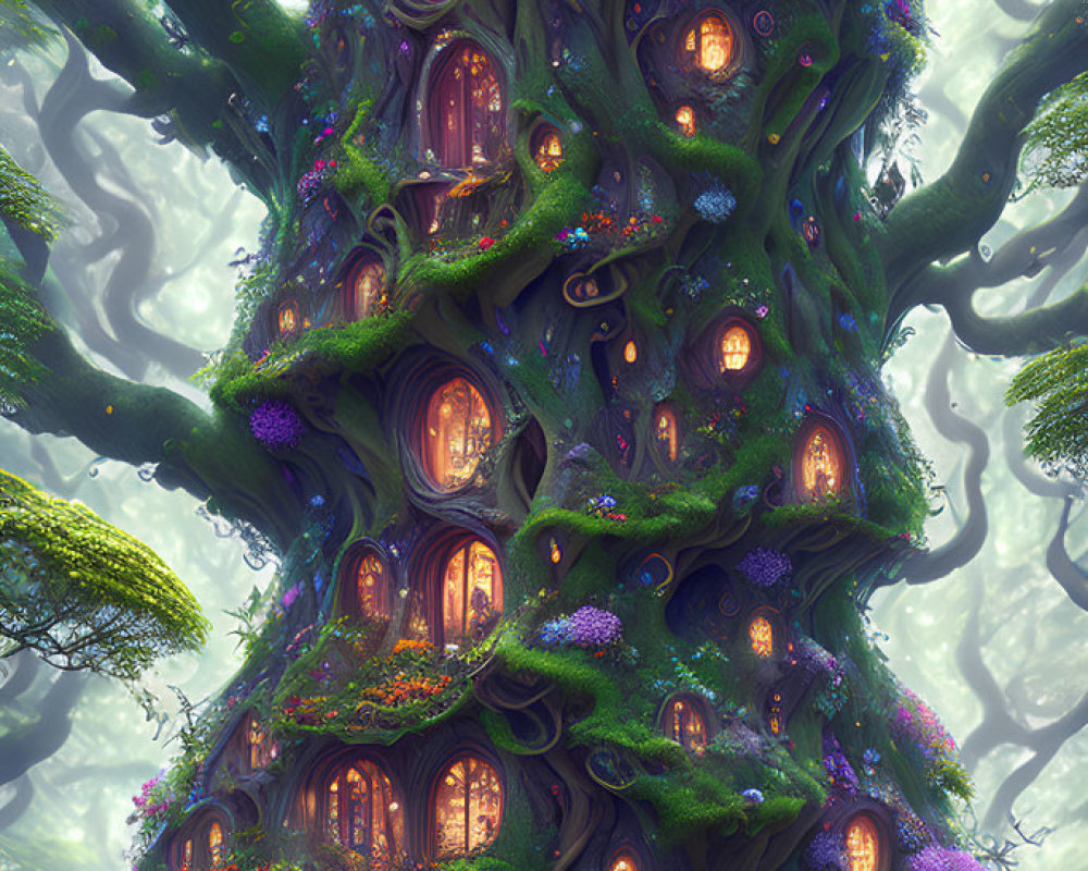 Illustration of a magical treehouse in a mystical forest