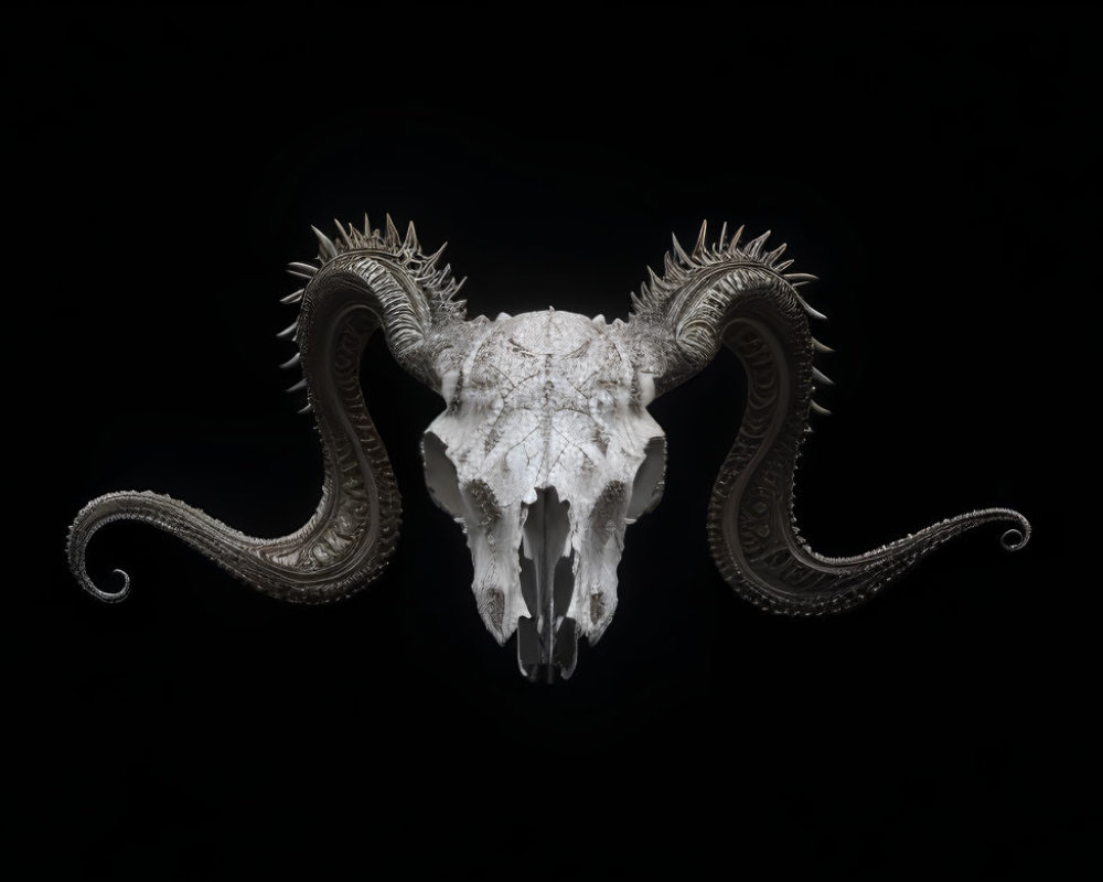 Ornate Engraved Ram Skull with Tentacles on Black Background