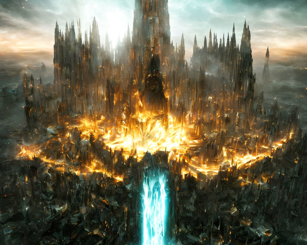 Fantastical city with golden fire, towering spires, and blue portal