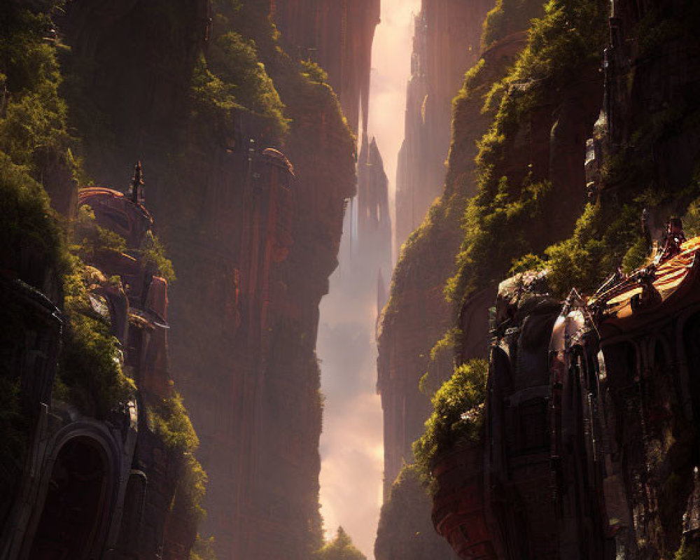 Ethereal waterfall in majestic canyon with ancient structures