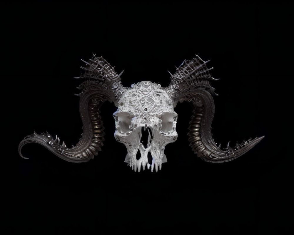 Symmetrical Skull Design with Dragon-like Swirls on Black Background