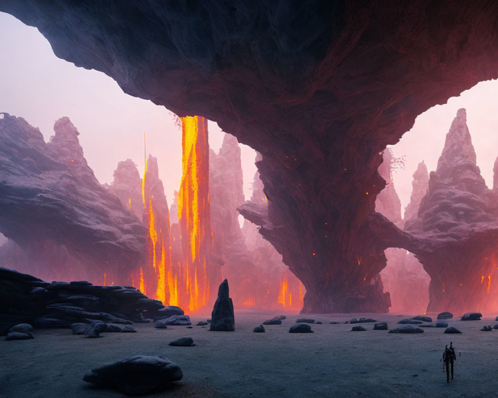 Majestic cavern with glowing lava streams and towering rock formations