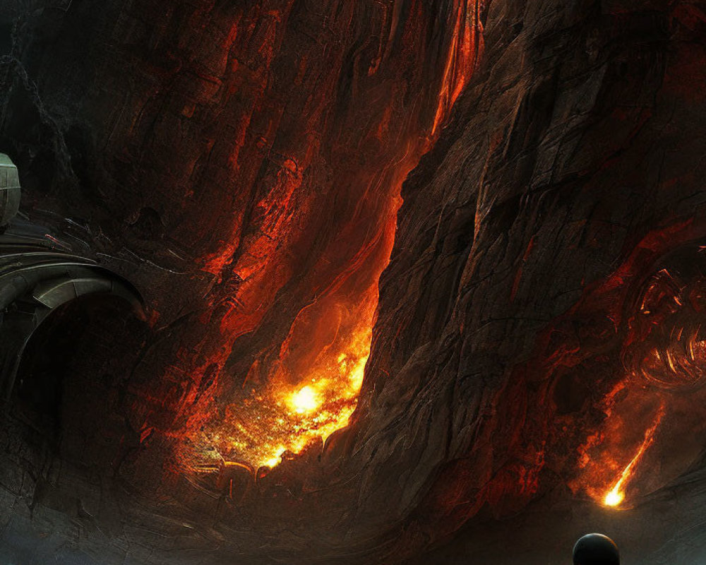 Astronauts exploring cavern with lava flow and mysterious structure on alien planet