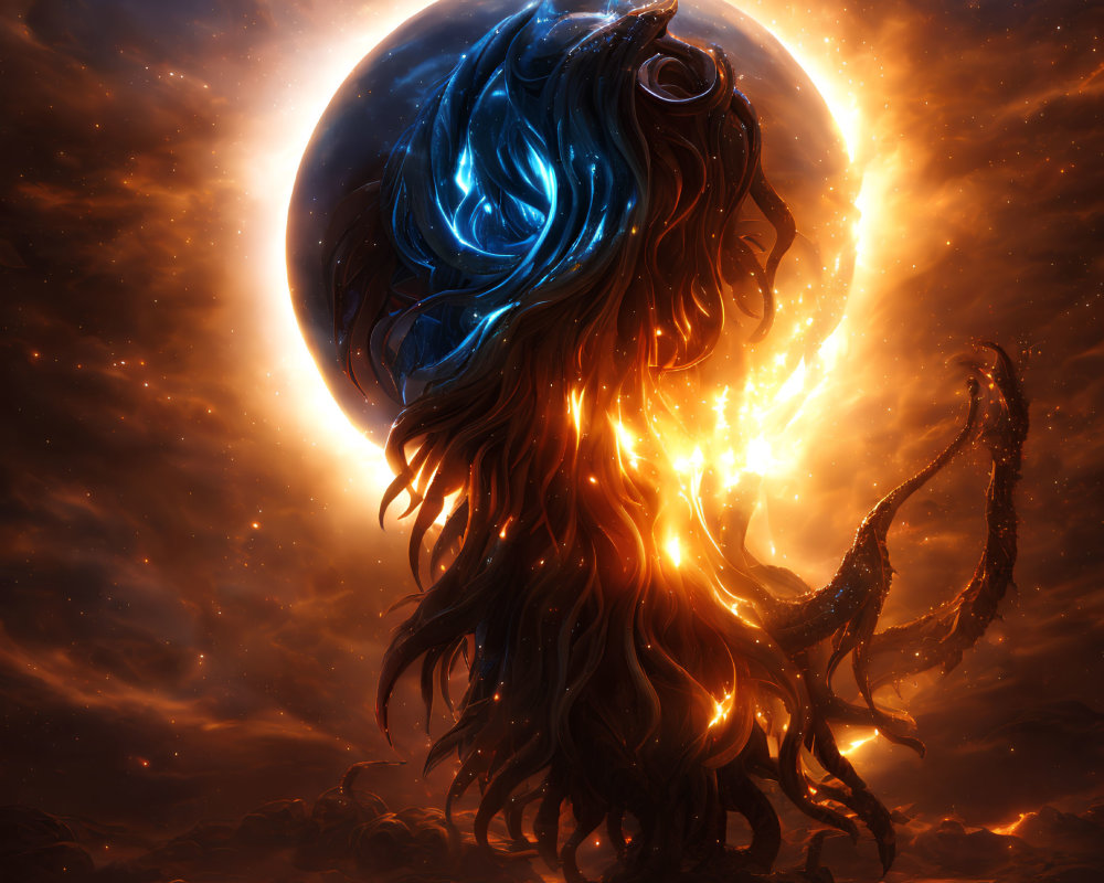 Fantastical fiery creature with luminescent tendrils against celestial backdrop