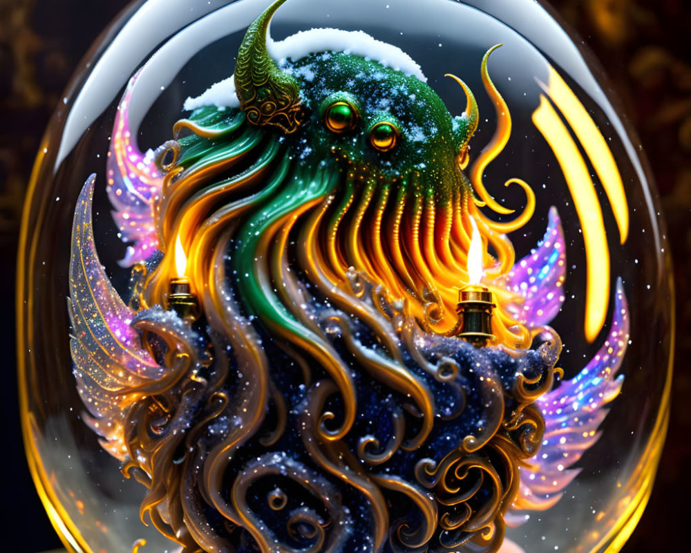 Colorful Tentacled Creature with Horns in Snow Globe Display