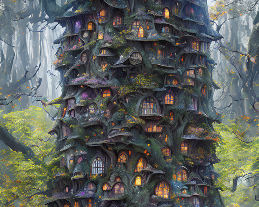 Majestic tree with house-like structures in mystical forest