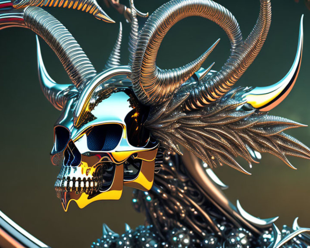 Futuristic metallic skull with horns and fractal elements on gradient background