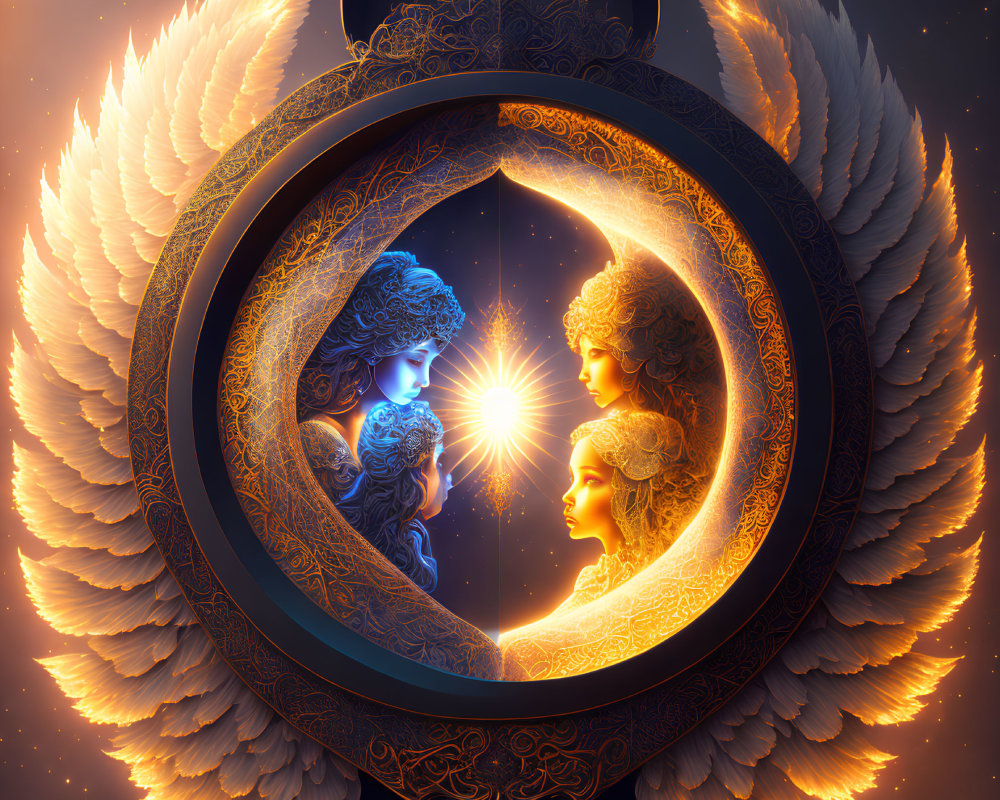 Celestial and ornate artwork of two ethereal female figures cradling a radiant star