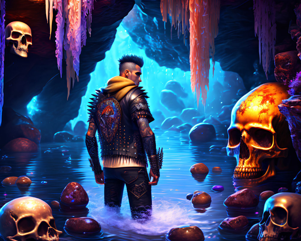 Stylized man in surreal, skull-filled cave with blue and purple hues