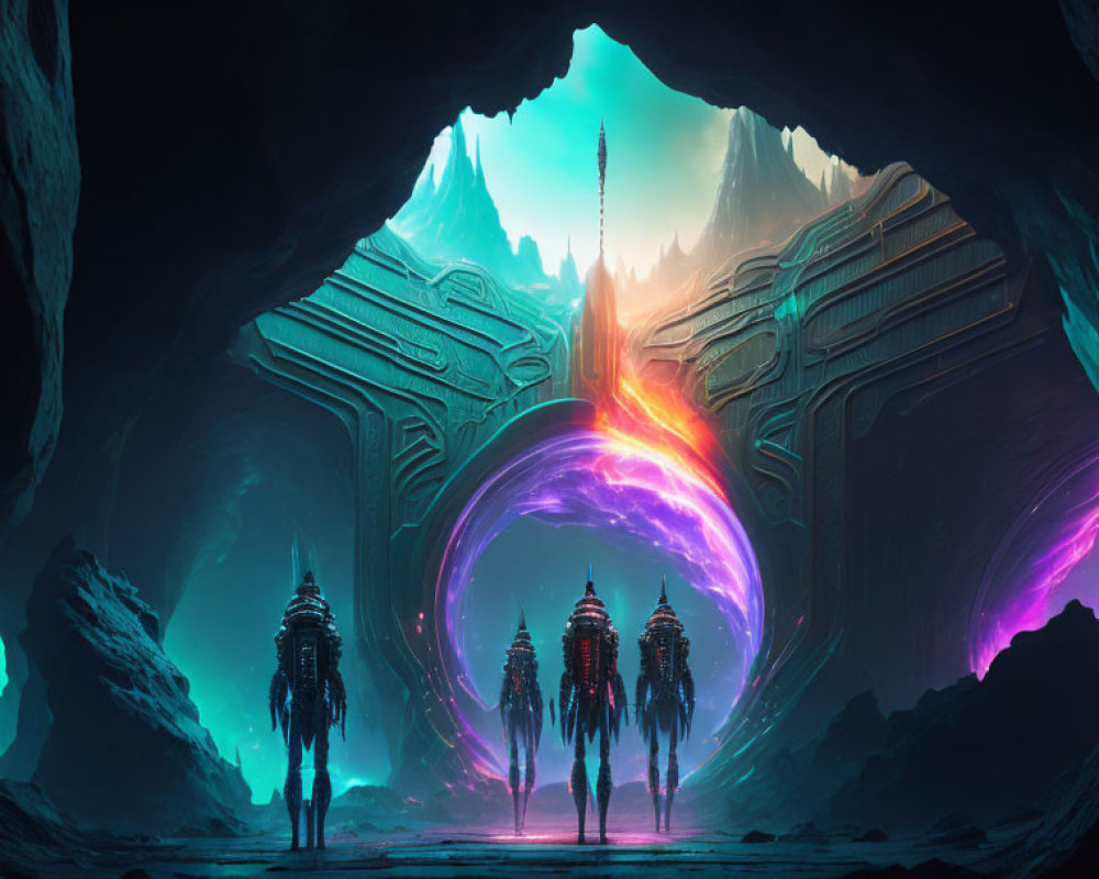Fantastical cavern with alien structures and figures illuminated by vibrant glowing portal against icy backdrop