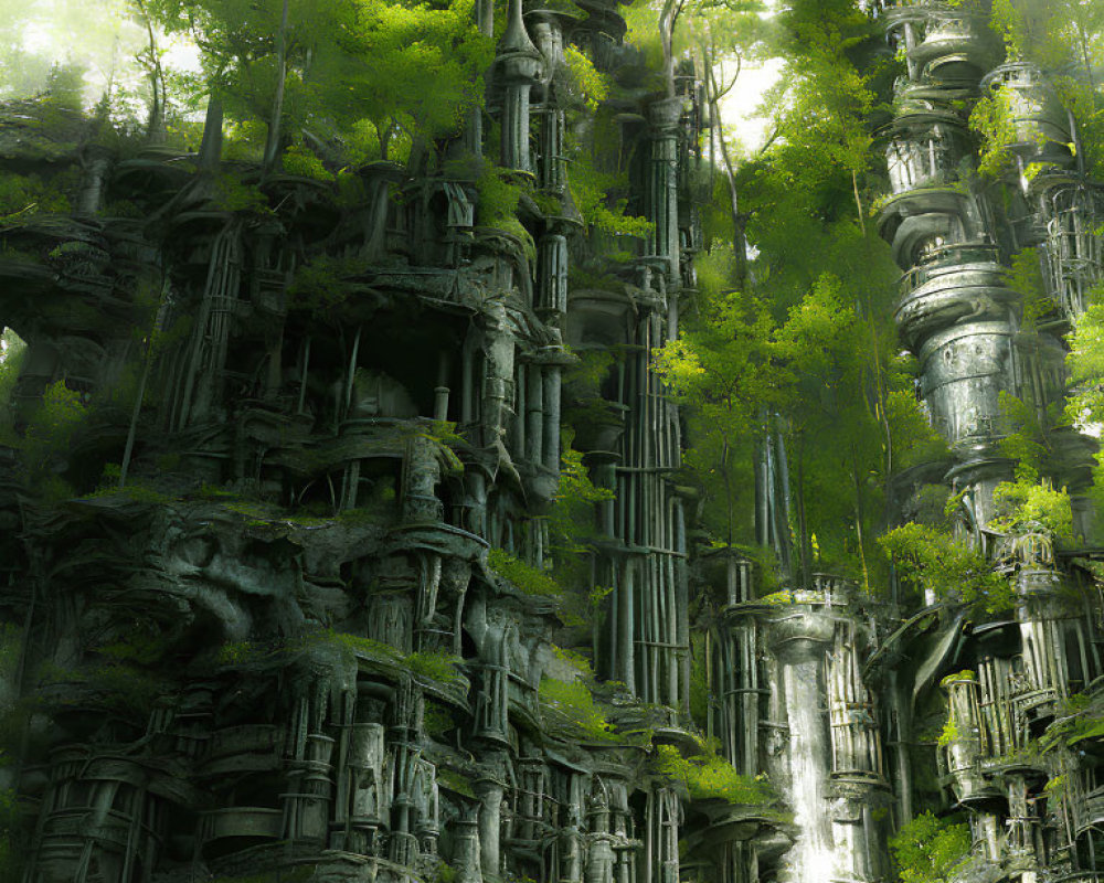 Ancient stone ruins covered by lush green canopy in a mystical forest