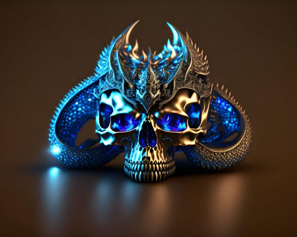 Metallic Dragon-Themed Skull with Blue Illumination on Brown Background