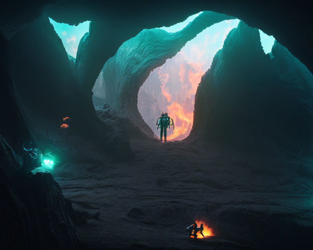 Mysterious cavern with glowing blue formations and silhouetted figures in orange haze
