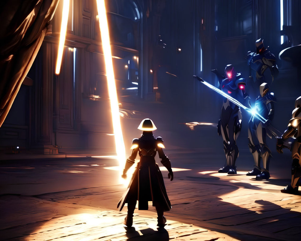 Cloaked figure with glowing sword battles futuristic adversaries in grand, shadowy setting