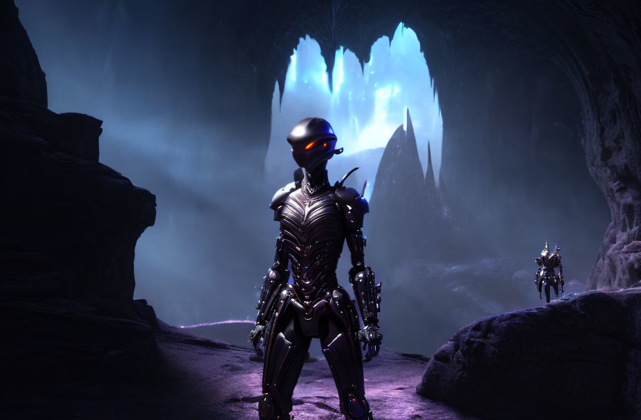Silhouetted futuristic armor figure in dark cave with glowing blue crystals
