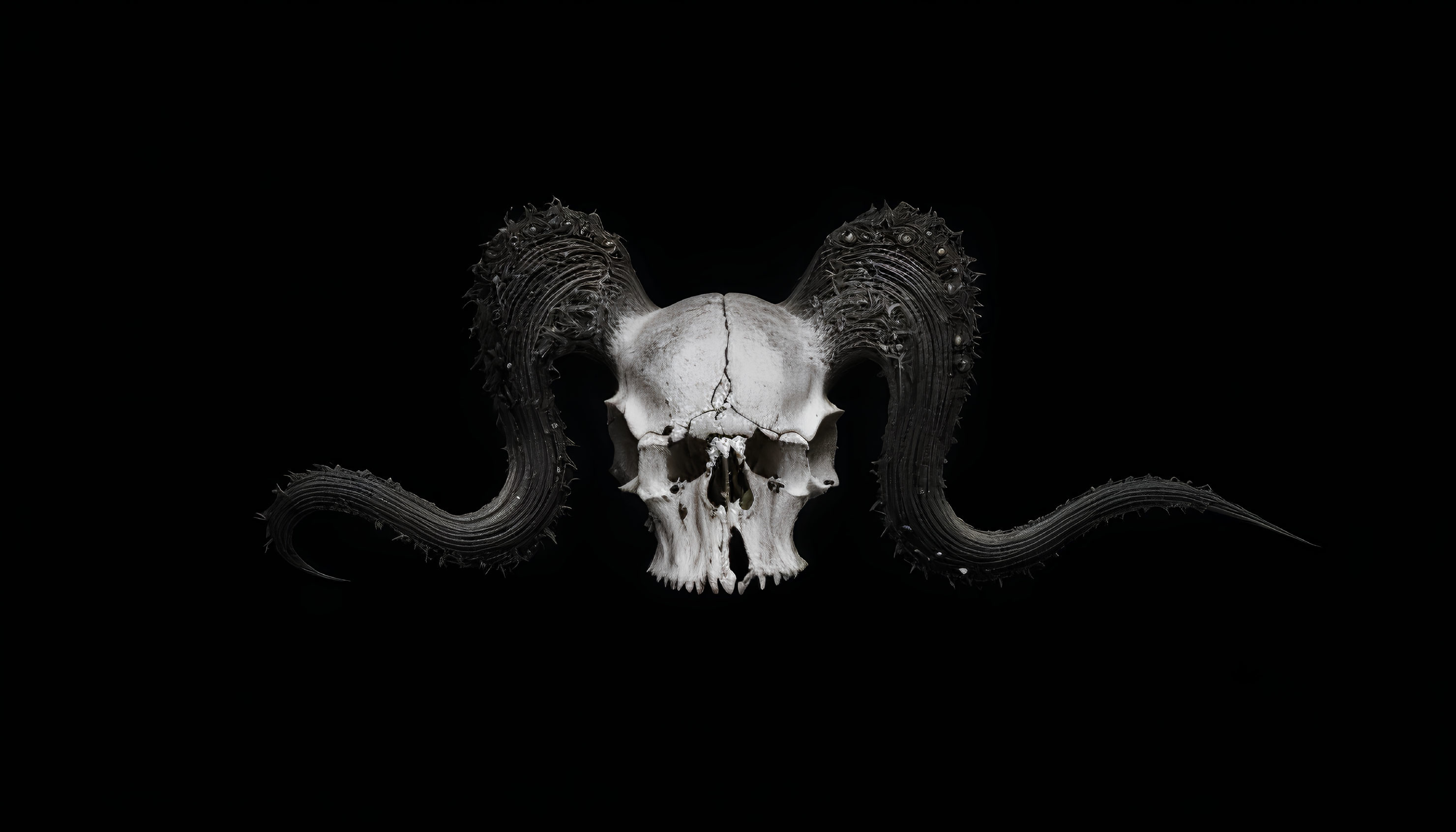 Symmetrical white animal skull with spiraling horns on black background