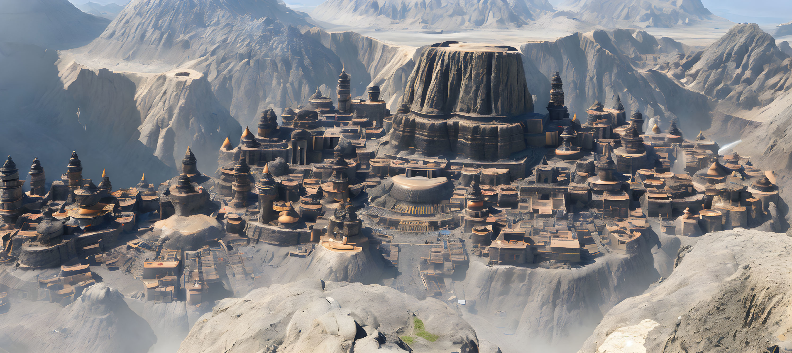 Fantasy city with terraced architecture and cliffs.