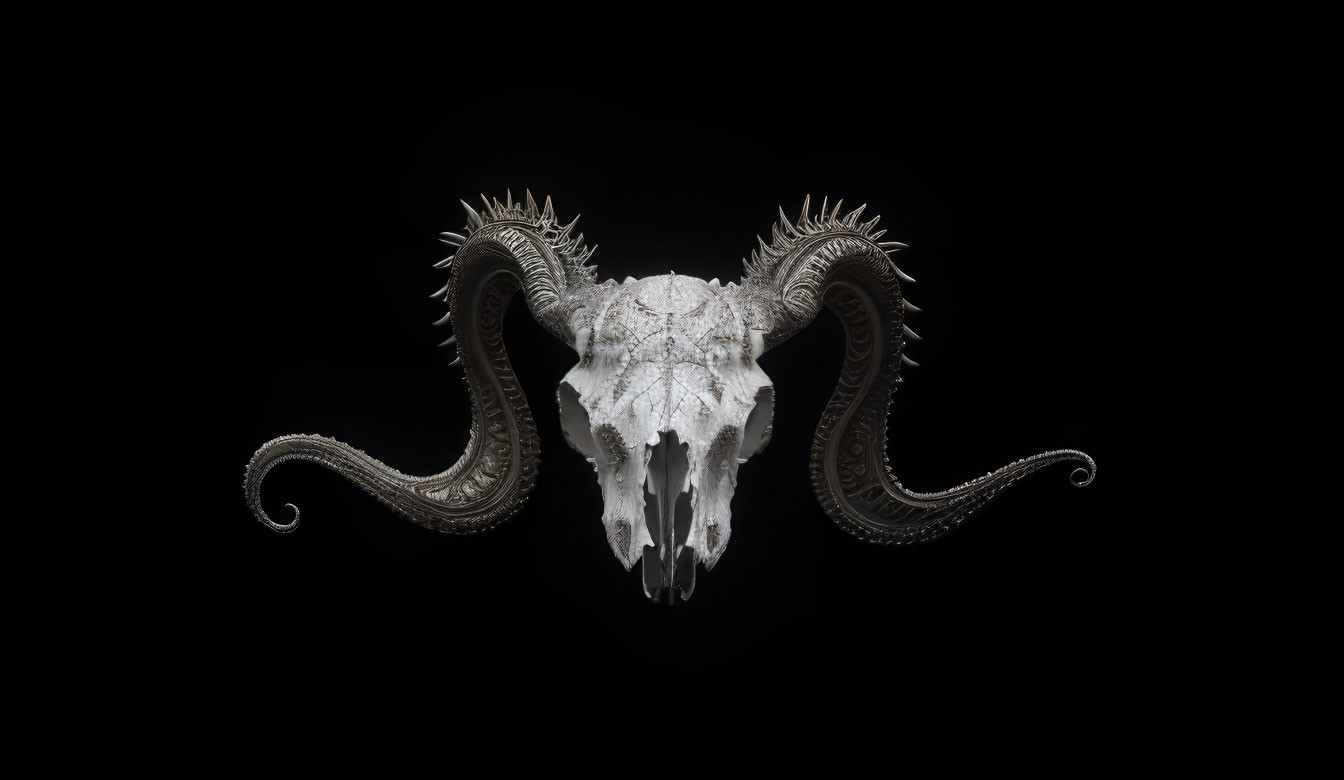 Ornate Engraved Ram Skull with Tentacles on Black Background