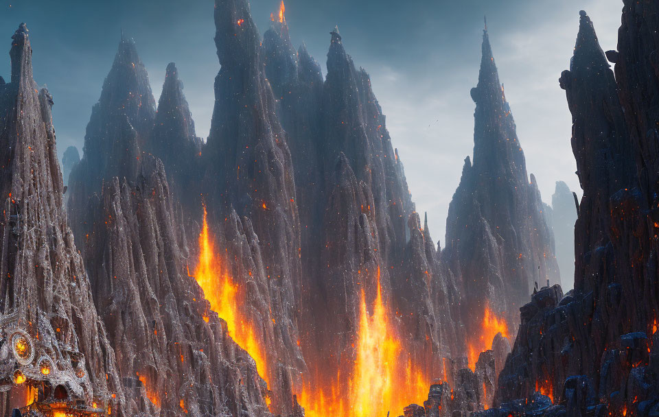 Majestic jagged mountains with flowing molten lava under dramatic sky