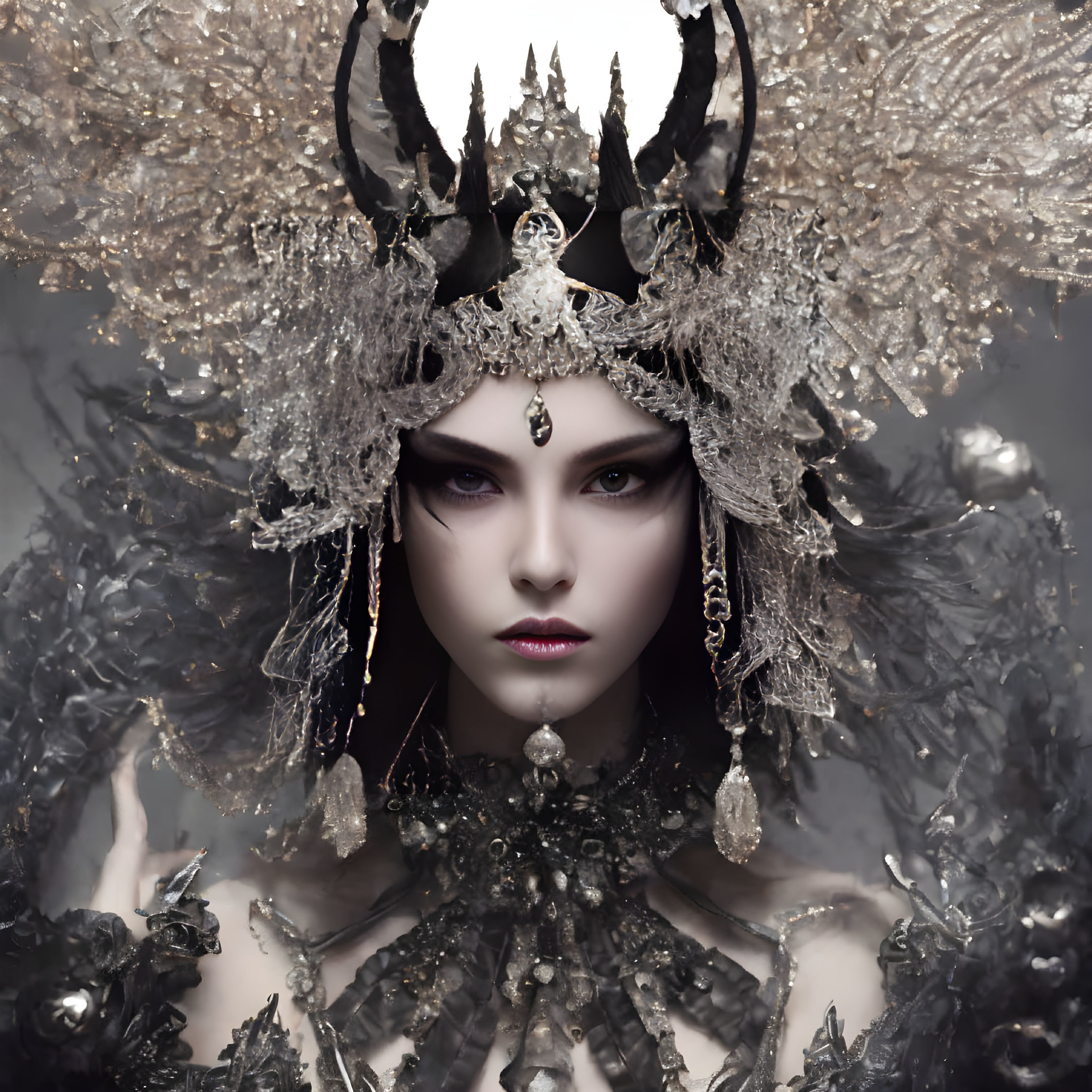 Person with Striking Makeup and Elaborate Metallic Headdress