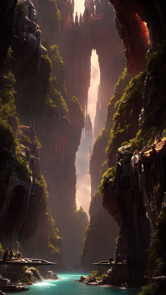 Ethereal waterfall in majestic canyon with ancient structures