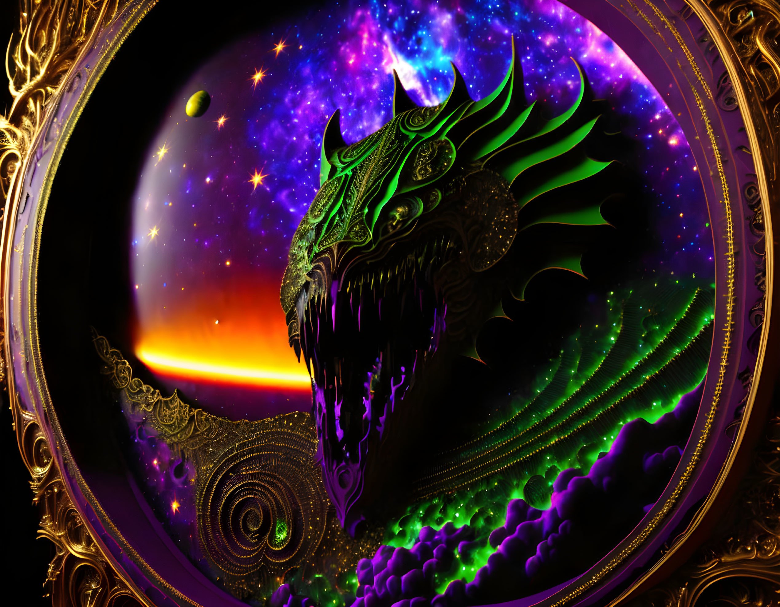 Colorful dragon head in galaxy with sunset background and gold frame