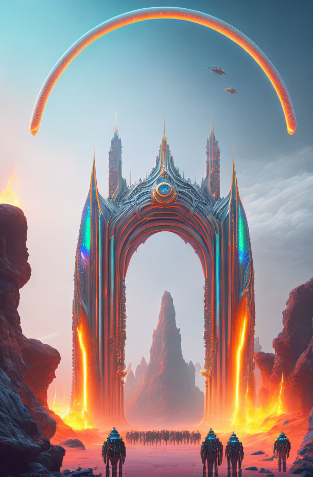 Futuristic iridescent gate in desert with figures and flying ships